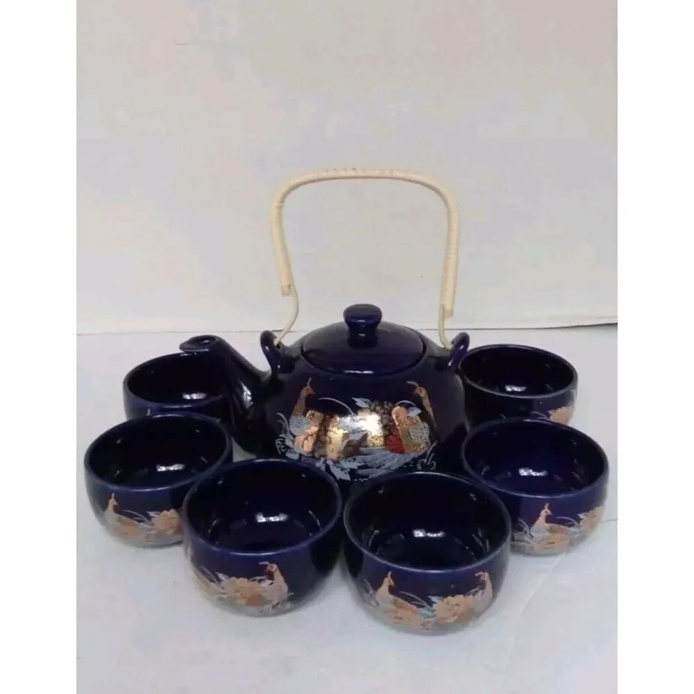 Traditional Japanese Tea Set with Dragon Design - 8 Piece Navy Blue Teapot & Cup